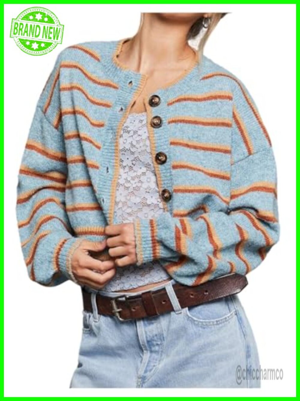 Striped Cardigan Cropped Button Up Knit Sweater Lightweight